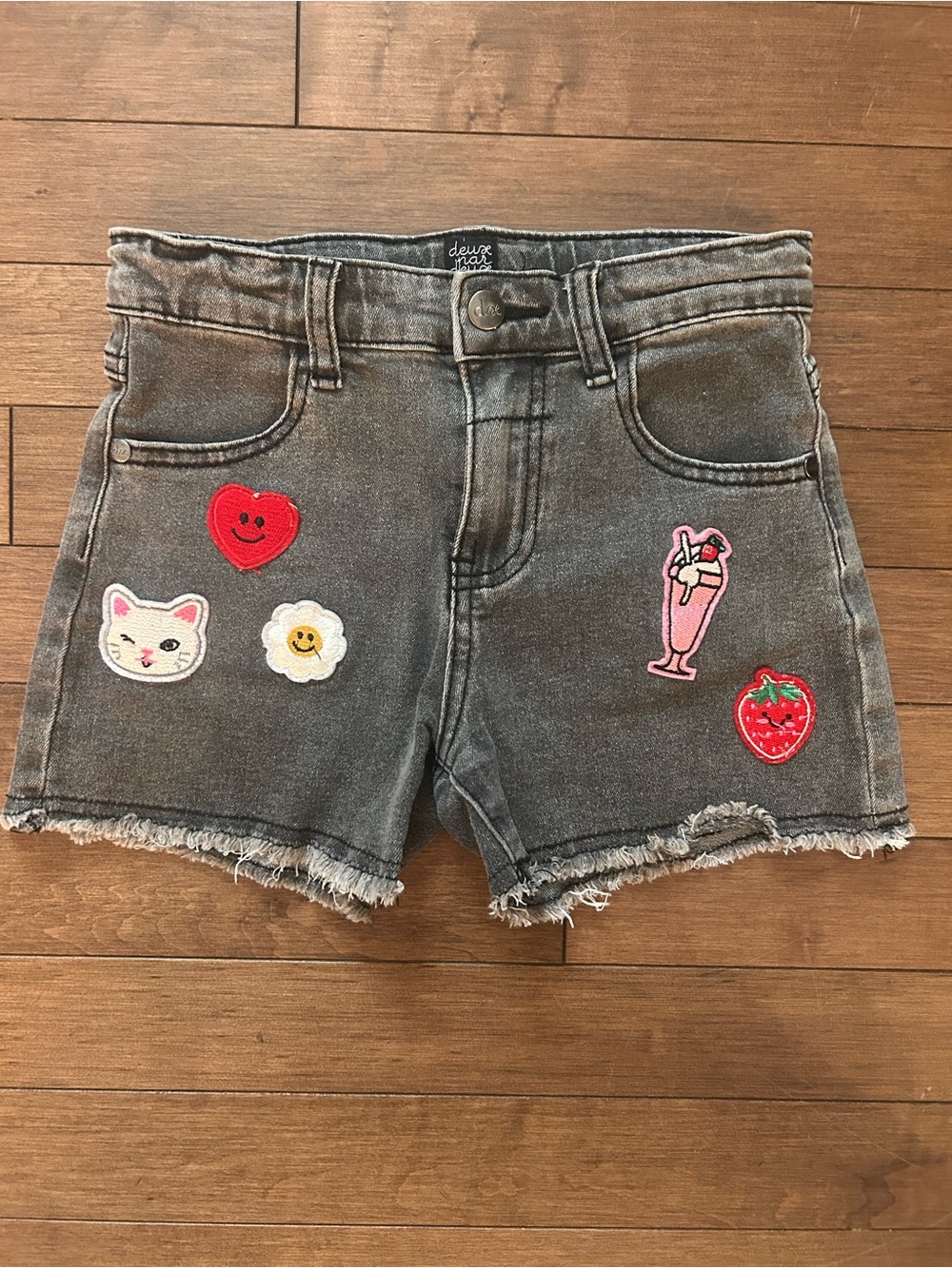 deux par deux Gray Denim Shorts with Patch Appliqués